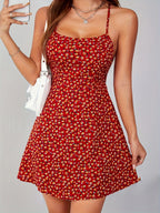 Women'S Elegant Red Spaghetti Strap Backless Halter Dress with Waist Tie for Dating Parties Beach Vacations - Multicolor