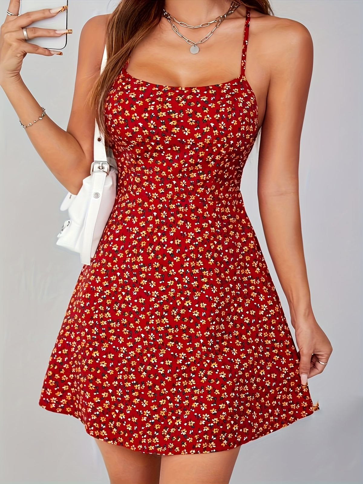 Women'S Elegant Red Spaghetti Strap Backless Halter Dress with Waist Tie for Dating Parties Beach Vacations - Multicolor
