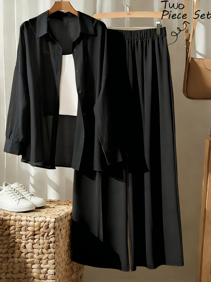 AK260514094 Women's Fashion Commuter Lapel Button- Long Sleeve Shirt and Elastic Waistband Patch Pocket Wide-Leg Long Pants 2pcs Set - Black