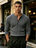 [Josh Mei OBM] Fall Winter Men'S Diamond Jacquard Henley Long Sleeve Sweater, Half-Button Placket Slim Fit Versatile Pullover Top, Suitable for Office, Street And Weekend Casual Wear Soft Knit Top, Multi-Color Options - Dark Gray