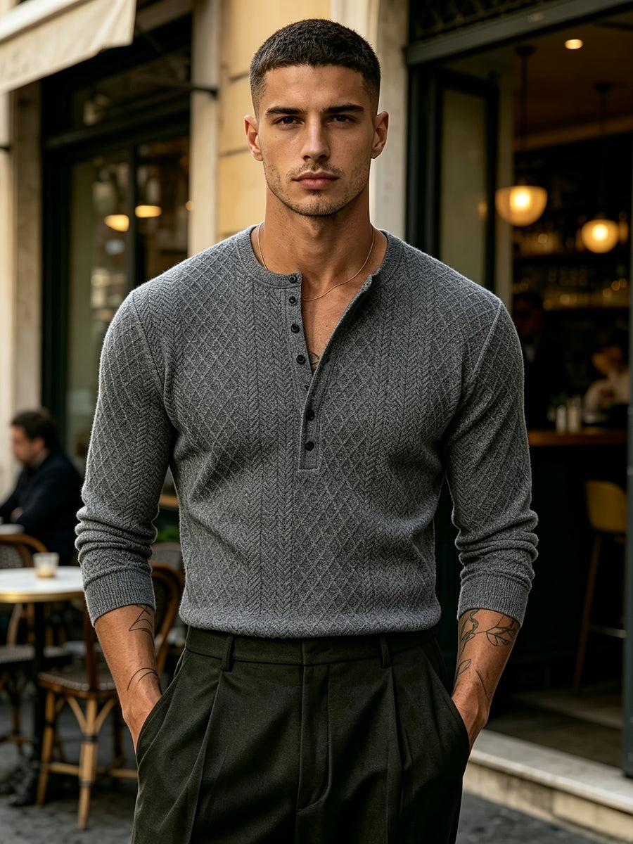[Josh Mei OBM] Fall Winter Men'S Diamond Jacquard Henley Long Sleeve Sweater, Half-Button Placket Slim Fit Versatile Pullover Top, Suitable for Office, Street And Weekend Casual Wear Soft Knit Top, Multi-Color Options - Dark Gray