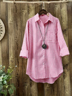 Women'S Spring Summer Casual Retro Commuter Long Sleeve Plaid Shirt - Pink Color