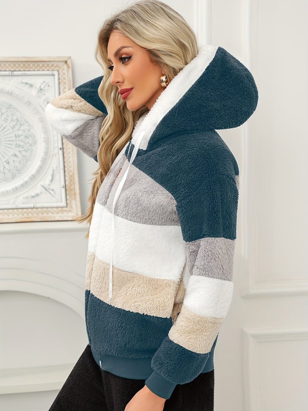 Women's Fuzzy Hooded Jacket Color Block Zip-Up Coat Warm Outerwear with Pockets for Autumn Winter Casual Outdoor Wear - Navy Color