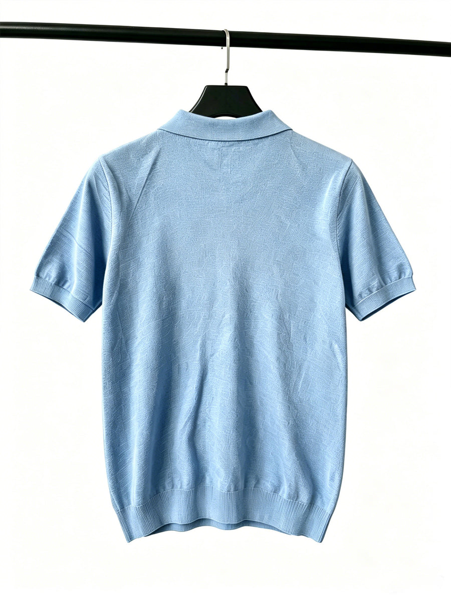 Men's Thin Knit Short-Sleeve Polo Shirt with Simple Line Hummingbird Embroidery and Lapel Collar, Casual Top - Sky Blue
