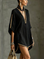 Women's Sequined Deep V-Neck Mini Dress - Black