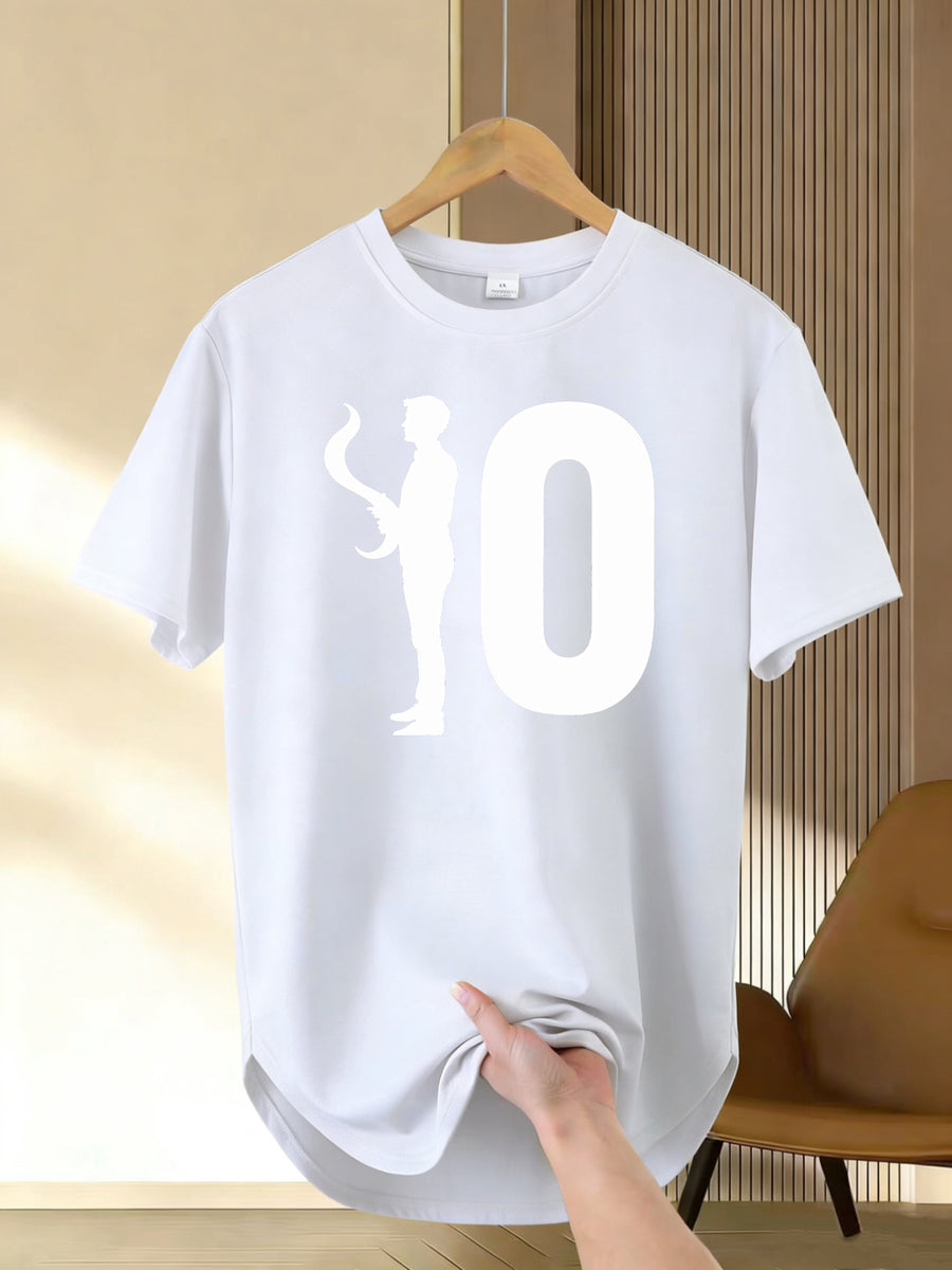 Men's Longline Statement Graphic T-Shirt - Bold Contrast Crew Neck Short Sleeve Tee, Lightweight 100% Polyester, Minimalist Regular Fit Summer Casual Top with Contrast Print Suitable for Casual Attire & Layering - White