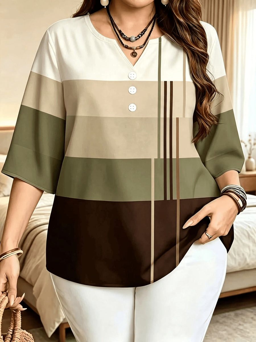 Printed Design – Not Textured. Women's Casual Button-Patch Colorblock V-Neck Three-Quarter Sleeve T-Shirt, a Perfect Gift for. - Mixed Color C