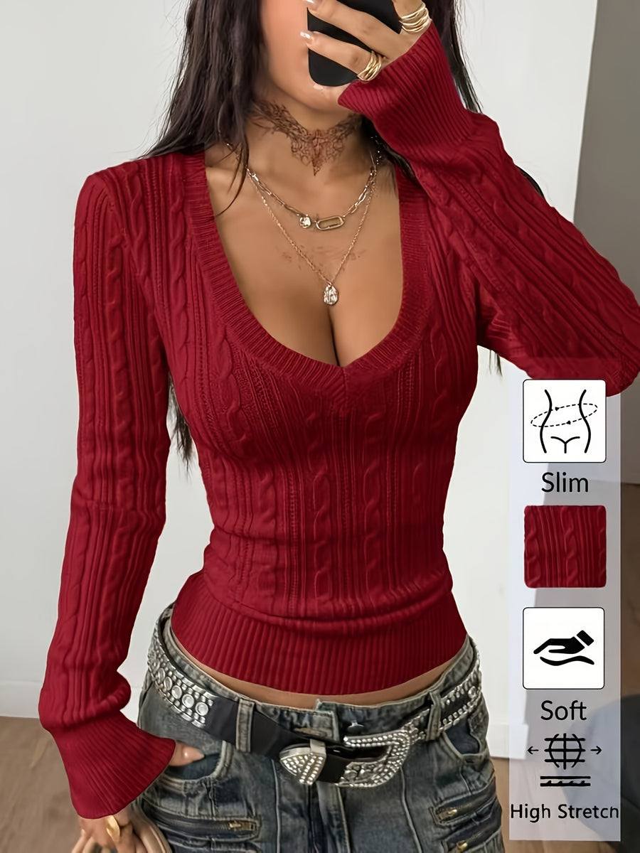 Women'S Spring/Summer Elegant Casual Ribbed V-Neck Long-Sleeved Slim Top - Burgundy