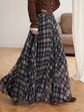 Vacation Style Coffee Brown Plaid Chiffon Pleated Half Skirt Spring Autumn High Waist Mid-Length A-Line Skirt Casual Commute Drapey Flared Skirt - Gray Blue