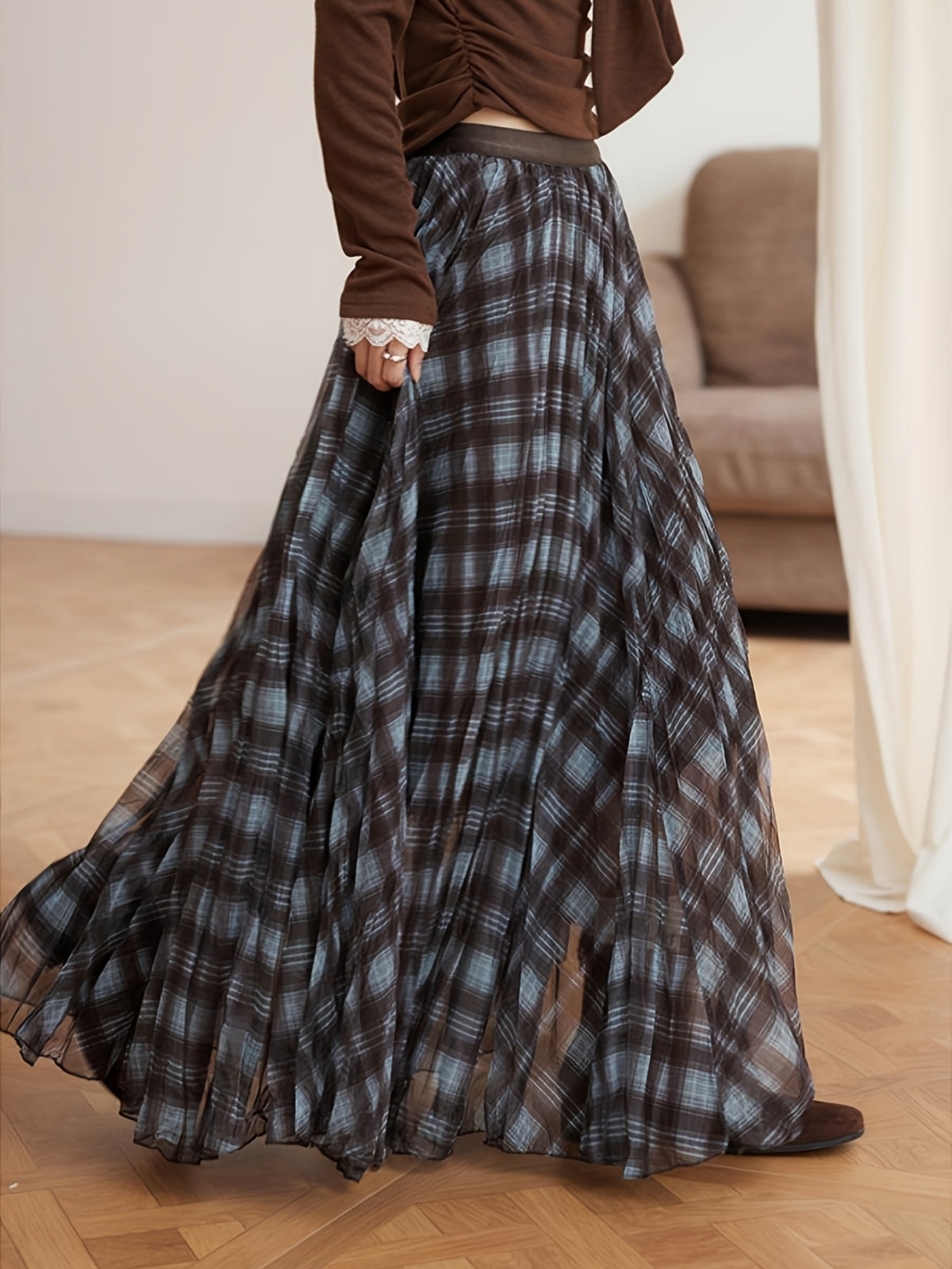 Vacation Style Coffee Brown Plaid Chiffon Pleated Half Skirt Spring Autumn High Waist Mid-Length A-Line Skirt Casual Commute Drapey Flared Skirt - Gray Blue