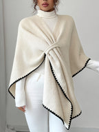 Women's Autumn/Winter French-Style Elegant and Gentle Casual Everyday Versatile Simple High-Quality Texture Solid Color Cross V-Neck Niche Design Loose Batwing Sleeve Pullover Cape Top - Apricot
