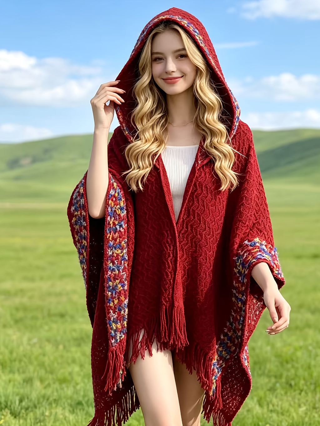 Women'S Cardigan - Autumn/Winter New Bohemian Ethnic Style Wavy Fringe Hooded Multicolor Jacket, Summer Women'S High-End Elegant Temperament Air-Conditioned Room Casual All-Match Cape Scarf, Suitable for Travel, Vacation, Photoshoot, Casual Wear - Burgundy