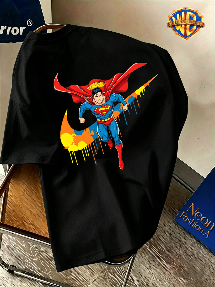 Back-To-School Season Warner Authorized, Men'S Casual T-Shirt, Soft Breathable Fabric Lightweight Short Sleeve, DC Genuine Superman Dynamic Flying Pose Colorful Resin Drop Trendy Print, Lightweight Comfortable Fit - Black