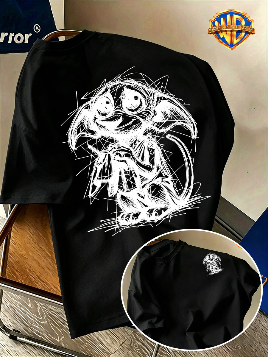 Halloween Back-to-School Season Men's Pure Short-Sleeve T-Shirt, Officially Licensed Warner Bros. Doodle Line Art Dobby Print, Versatile Casual Spring/Summer Regular Fit Top, Breathable and Skin-Friendly, Suitable for Daily Outings, Outdoor Leisure - Black
