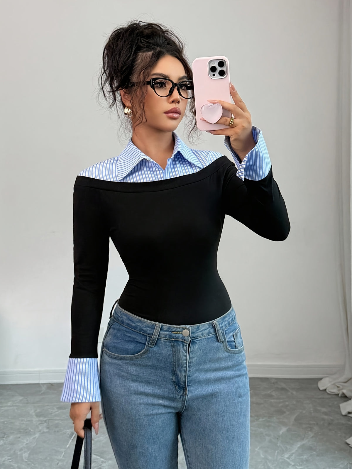 Autumn/Winter Slim-Fit Two-in-One Polo Collar Long-Sleeve Shirt, Vintage Color Block Polo Collar Slim-Fit Sexy Long-Sleeve T-Shirt, Elegant Commuter Bodycon AB Collar Flared Cuff Long-Sleeve Half-Open Placket Striped Multicolor T-Shirt - Black