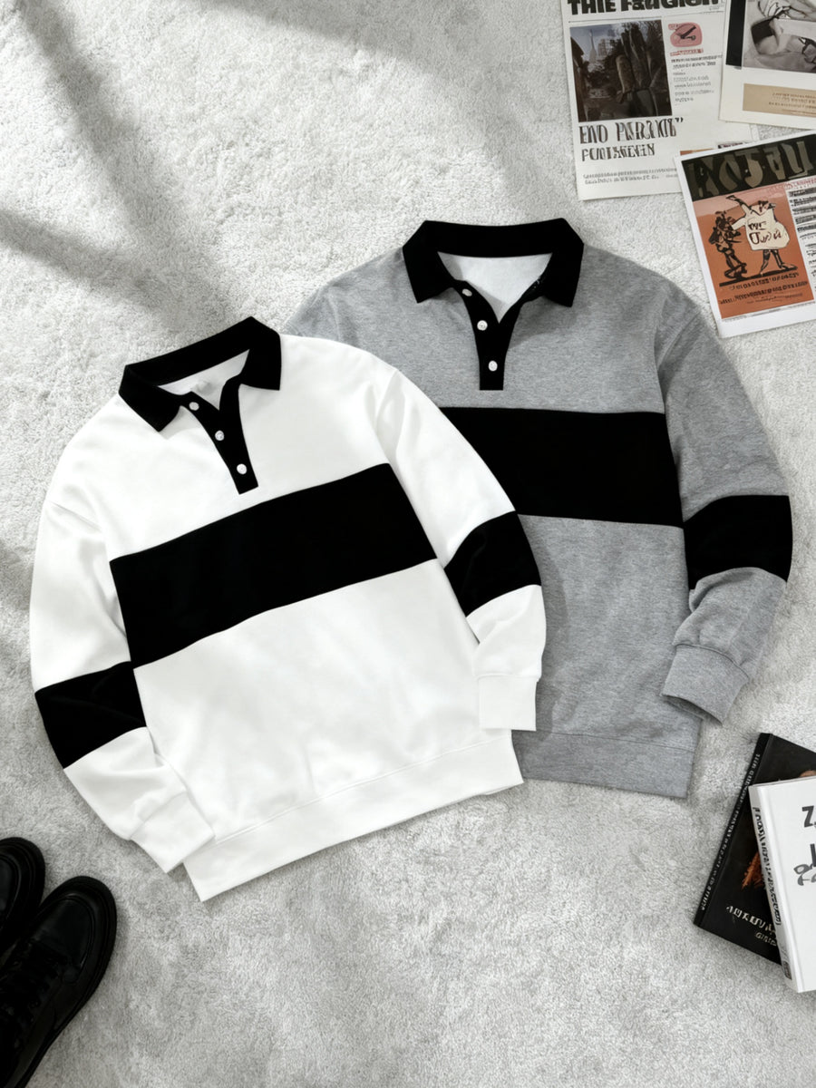 [2-Pc] Men'S Stand Collar Button-Front Polo Sweatshirt, Easy Color-Block Button Casual Pullover, Warm Daily Office Fluffy Long Sleeve Casual Polo Sweatshirt, Suitable for Fall Winter Outfit, Fleece-Lined Thickened, Ideal Gift for Friends, Husband - Gray White