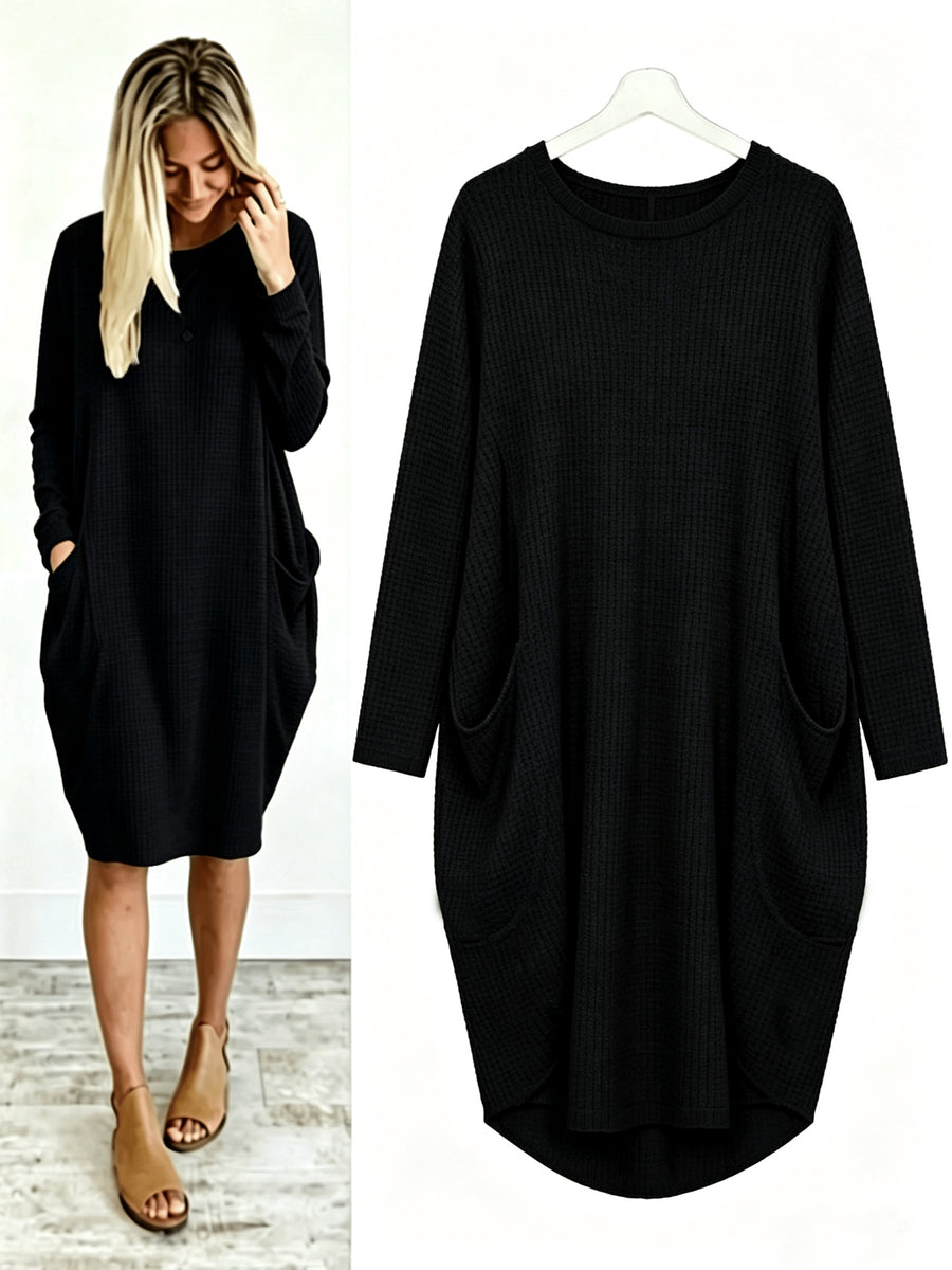 Plus Size - Beautiful Women'S Plus Size Round Neck Loose Long Sleeve Solid Waffle Dress with Pockets - Black