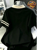 1pc, American Retro Easy Style Versatile Polo Shirt, Preppy Casual Couple Short Sleeve Top, Summer Daily Outing, Campus Wear, Student Couple Choice - Unisex - Black