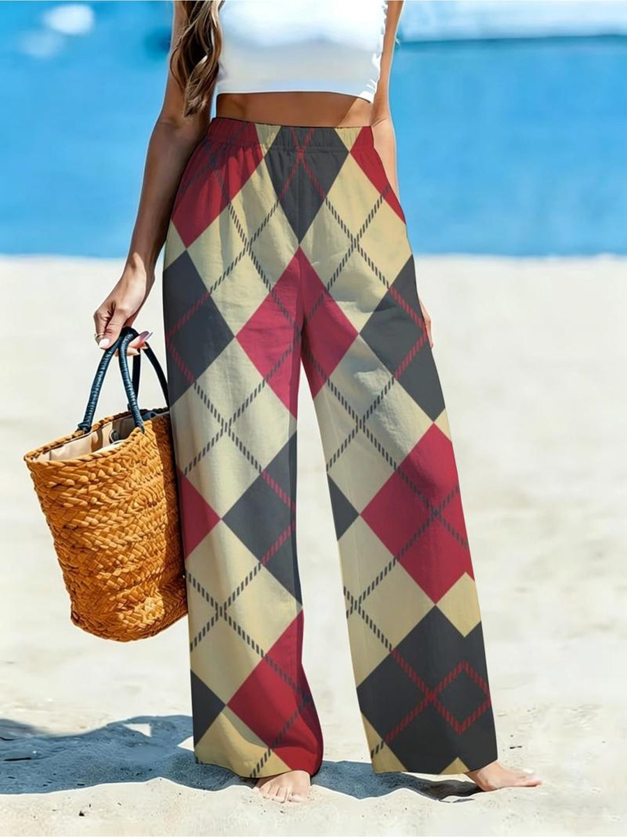 Women'S Casual Wide-Leg Pants, Vintage Checkered Pattern, Suitable for Women Who Love Retro Style, Fit for City Outings, Holiday Casual Wear. [Print Design - No Texture] - Mixed colors