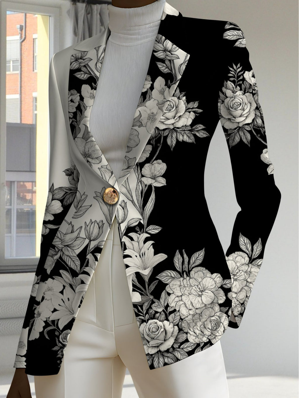 Autumn Women'S Fashion, Outdoor Travel, Personalized Clothing, Exquisite Patterns, Women'S Tops, Plant Plaid Stripes Geometric Pattern Prints, Exquisite Women'S Suit Jackets - Black And White Flowers