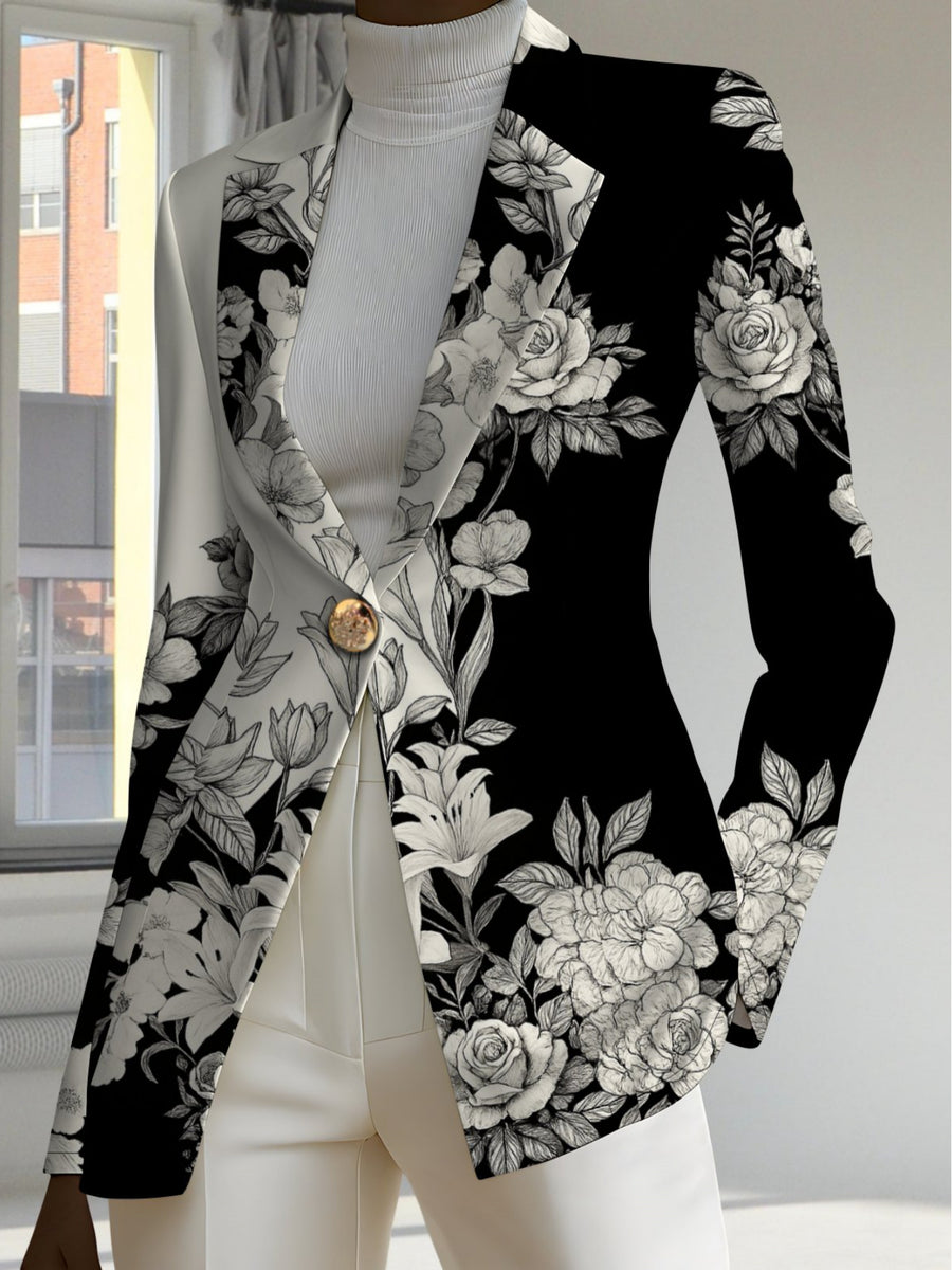 Autumn Women'S Fashion, Outdoor Travel, Personalized Clothing, Exquisite Patterns, Women'S Tops, Plant Plaid Stripes Geometric Pattern Prints, Exquisite Women'S Suit Jackets - Black And White Flowers