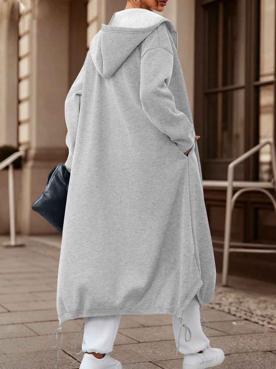 2pcs Women'S Long Hooded Zipper Sweatshirt Coat, Women'S Autumn Winter Loose Lazy Style Drawstring Waist-Cinching Cardigan Coat - Retro Long Zipper Jacket - Gray + Gray