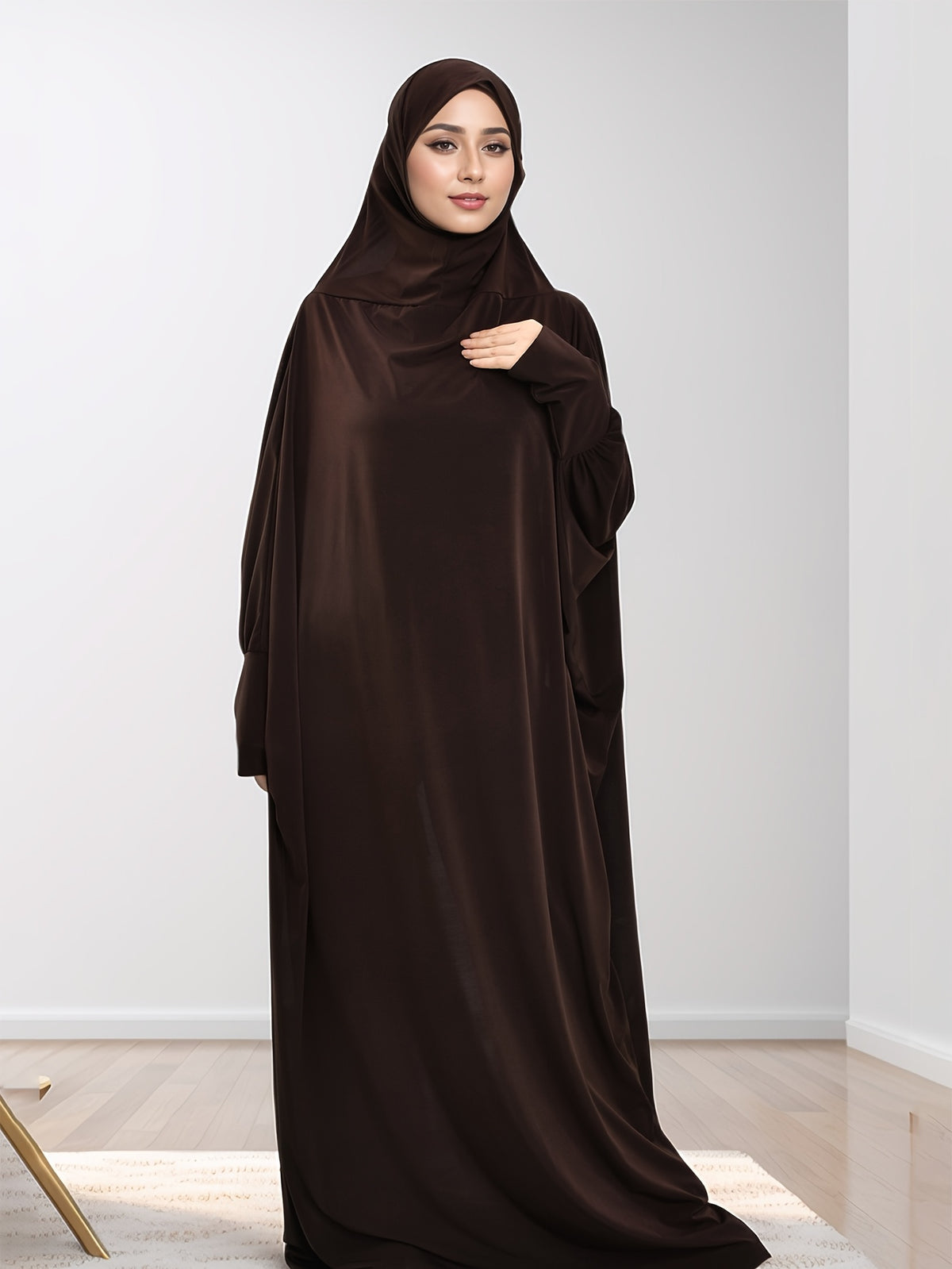 Solid Color Loose Hooded Long Cape Shawl, Casual Long Sleeve Simple Cape, Women's Clothing - Coffee Color