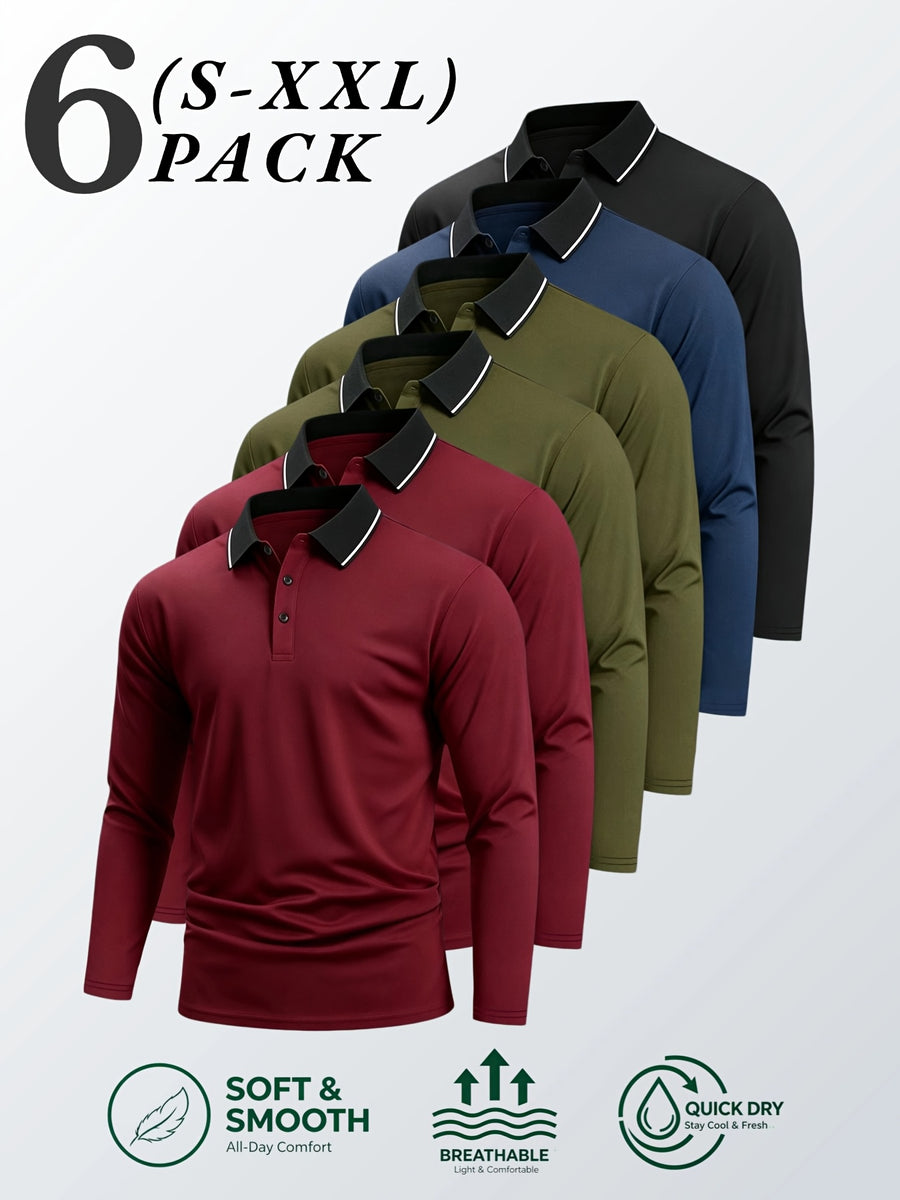 6pcs/Set Striped Lapel Long Sleeve Casual Sports Mesh Quick-Dry Breathable Comfortable POLO Shirt Basic Solid Color - Red 2+Green 2+Navy Blue+Black