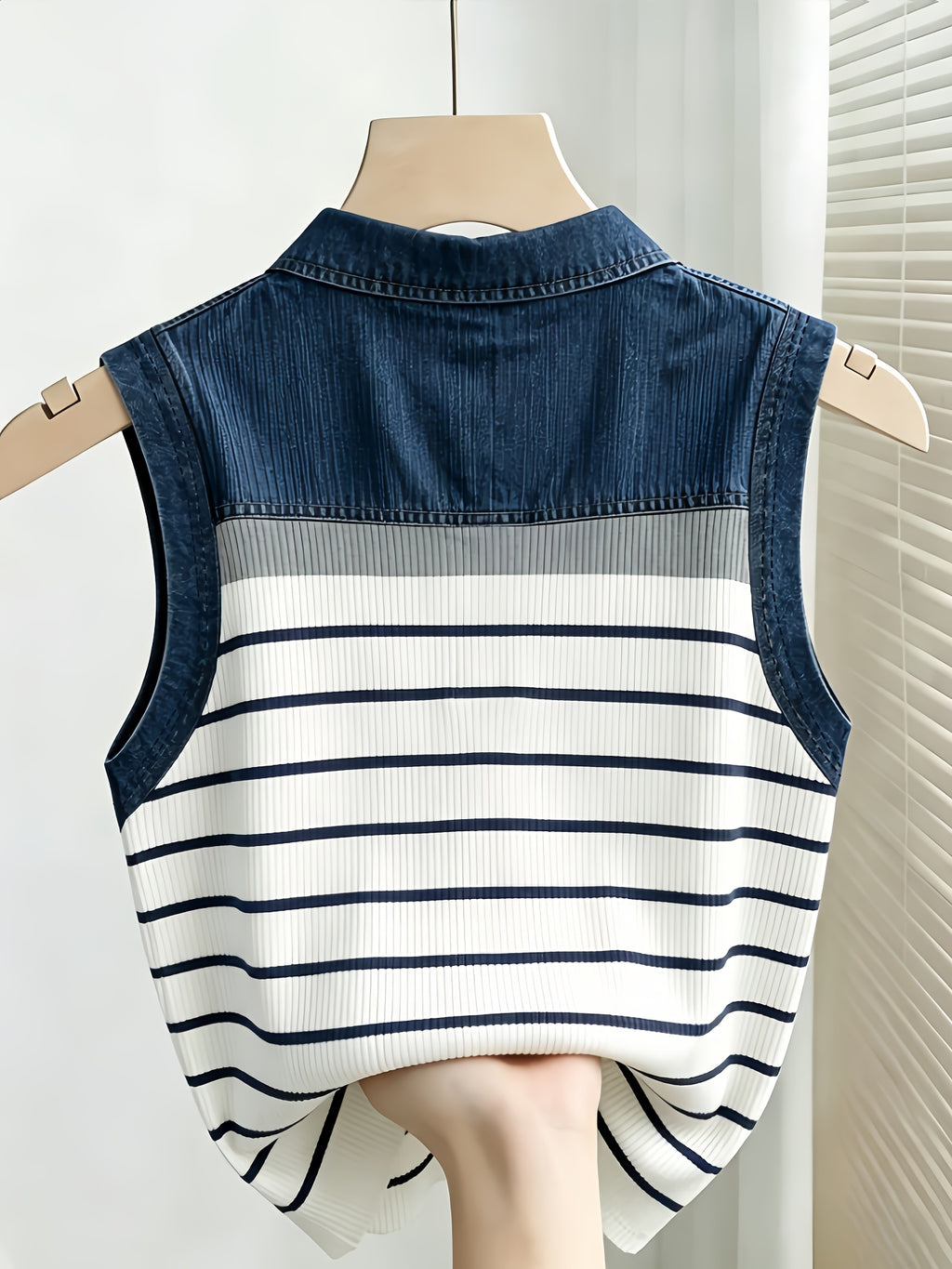 [Printed Pants - Not Denim Fabric] Gavin Targeted Development European and American Women's Fashion New Arrival Imitation Denim Printed Shirt Collar Ribbed Tank Top - Multicolor