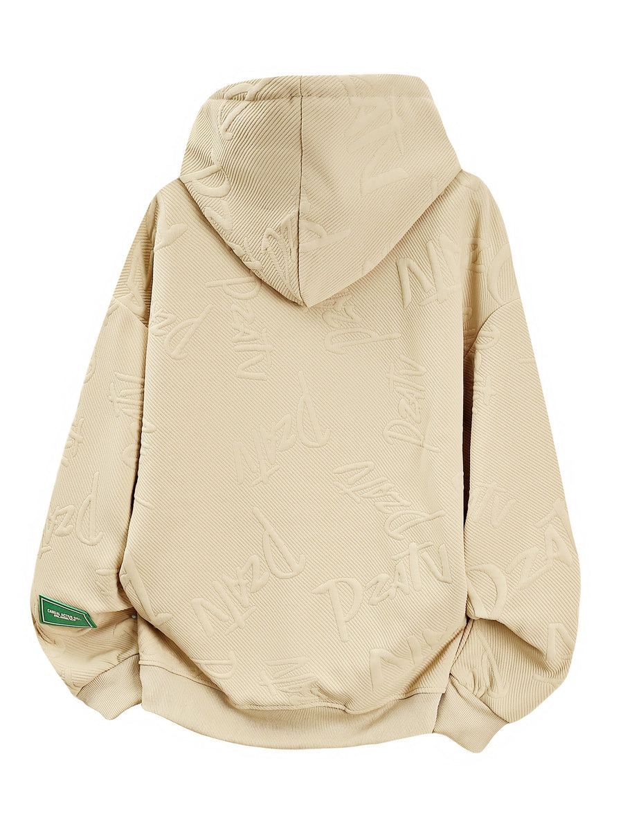 Men'S Jacquard 3D Letter Hooded Sweatshirt Solid Texture Oversized Drop Shoulder Pullover Casual Street Style Drawstring Kangaroo Pocket Daily Top - Apricot