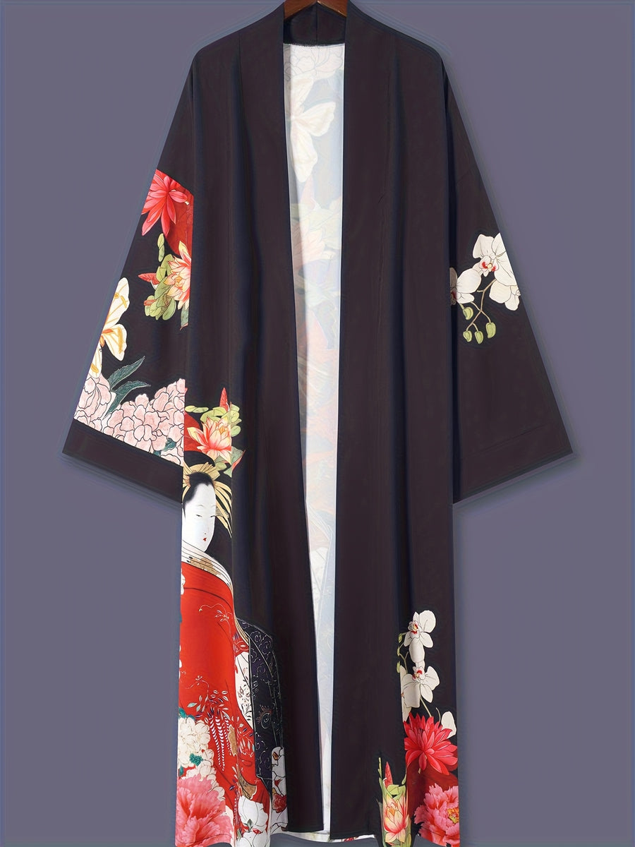 Japanese Printed Mid-Length 3/4 Sleeve Kimono Cardigan Thin Jacket Women'S Western Elegant Ethnic Style Street Casual Cover-Up Outerwear Beach Travel Vacation Cape Japanese Style Thin Cloak Jacket Home Yukata Belt Bathrobe Cover-Up - Black
