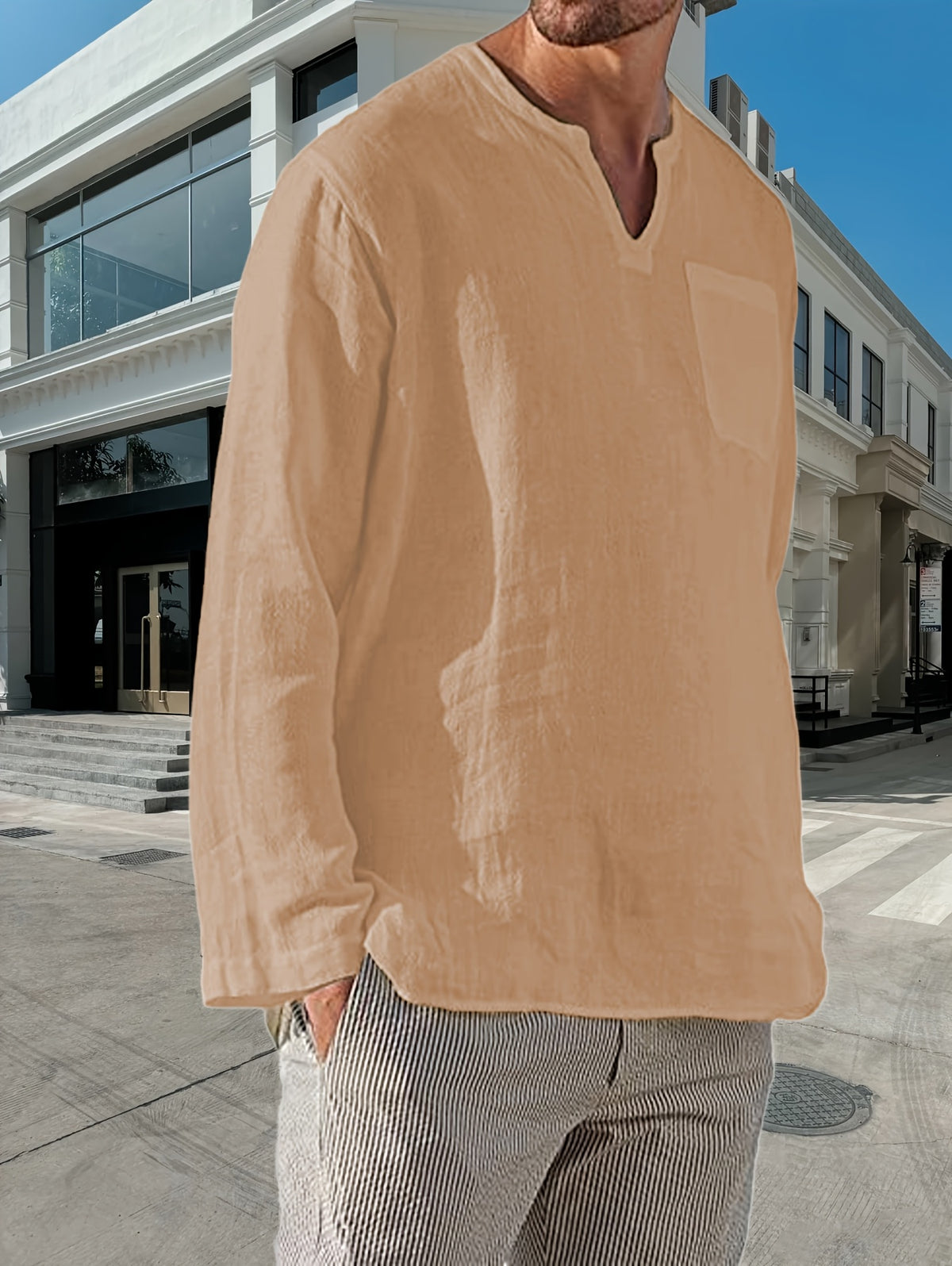 long-sleeved shirt Men's solid color V-neck casual shirt Men's gentle beach Hawaiian pullover breathable comfortable shirt - Yellowish-brown