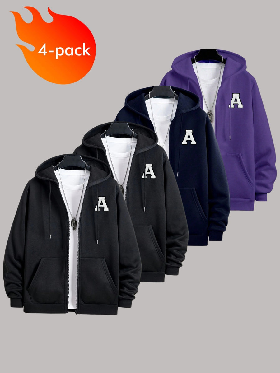 50% Cotton, 50% Polyester, 4pcs Men's Zippered Hooded -Lined Sweatshirt, Men's Apparel, Long-Sleeve Jacket, Zippered Top, Hooded Sweatshirt, Pockets, Drawstring, Suitable for Outings, Casual Wear, Back-to-School Season, Gift for Boyfriend - Black+Black+Navy Blue+Purple