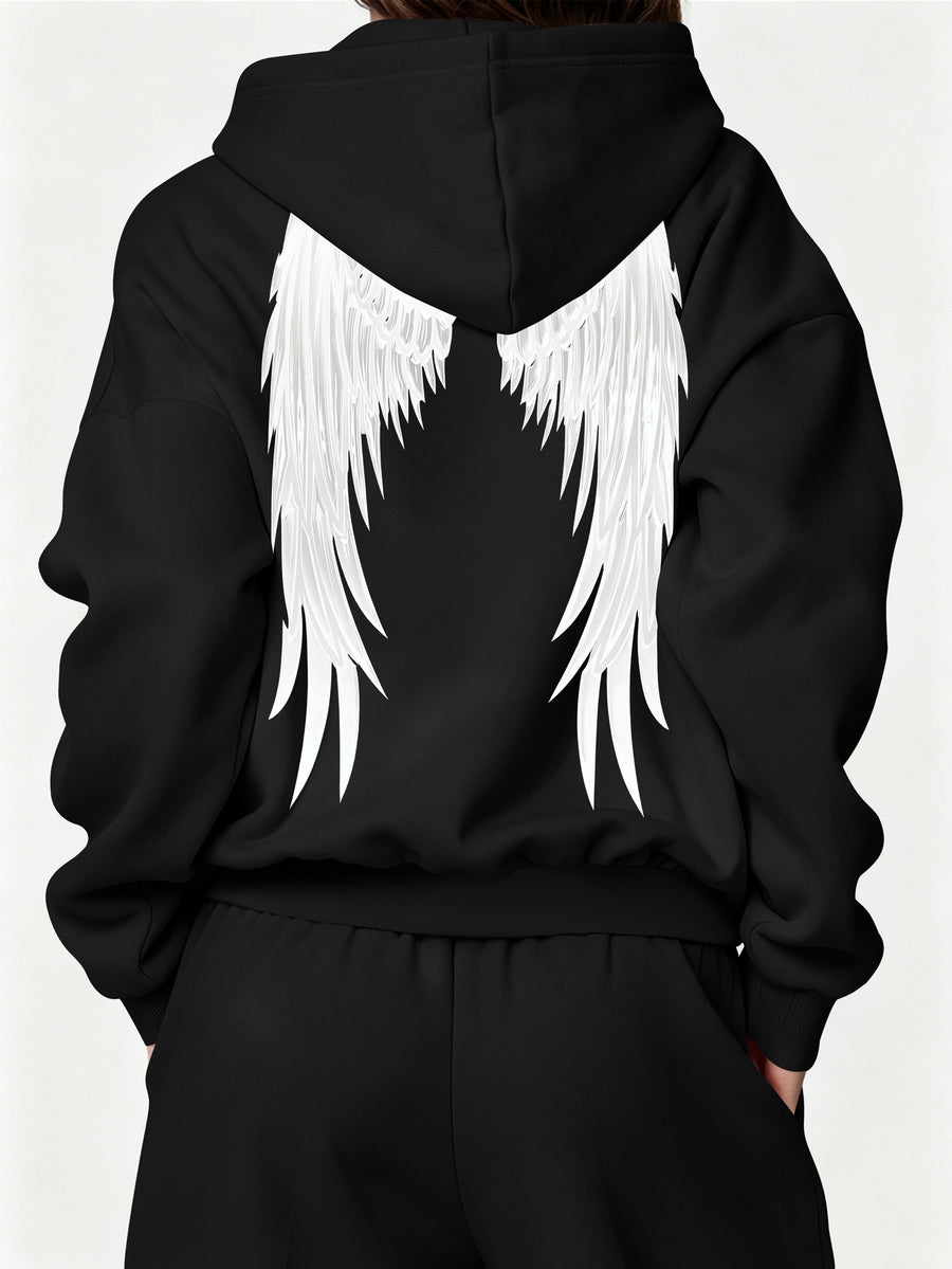 Halloween 2027NEW 2pcs Women's AutumnWinter Hooded Sweatshirt And Wide-Leg Pants Suit Kangaroo Pocket Long-Sleeve Jacket Wide-Leg Pants Suit Casual S Loose Suit Christmas Black Friday Cyber (27) - Black