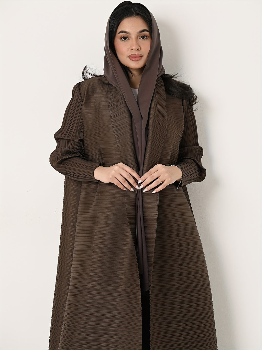 Middle Eastern Women's Clothing: Three-Yard Pleat Muslim Robe, Solid Color Cardigan Outerwear Cape - Coffee Color