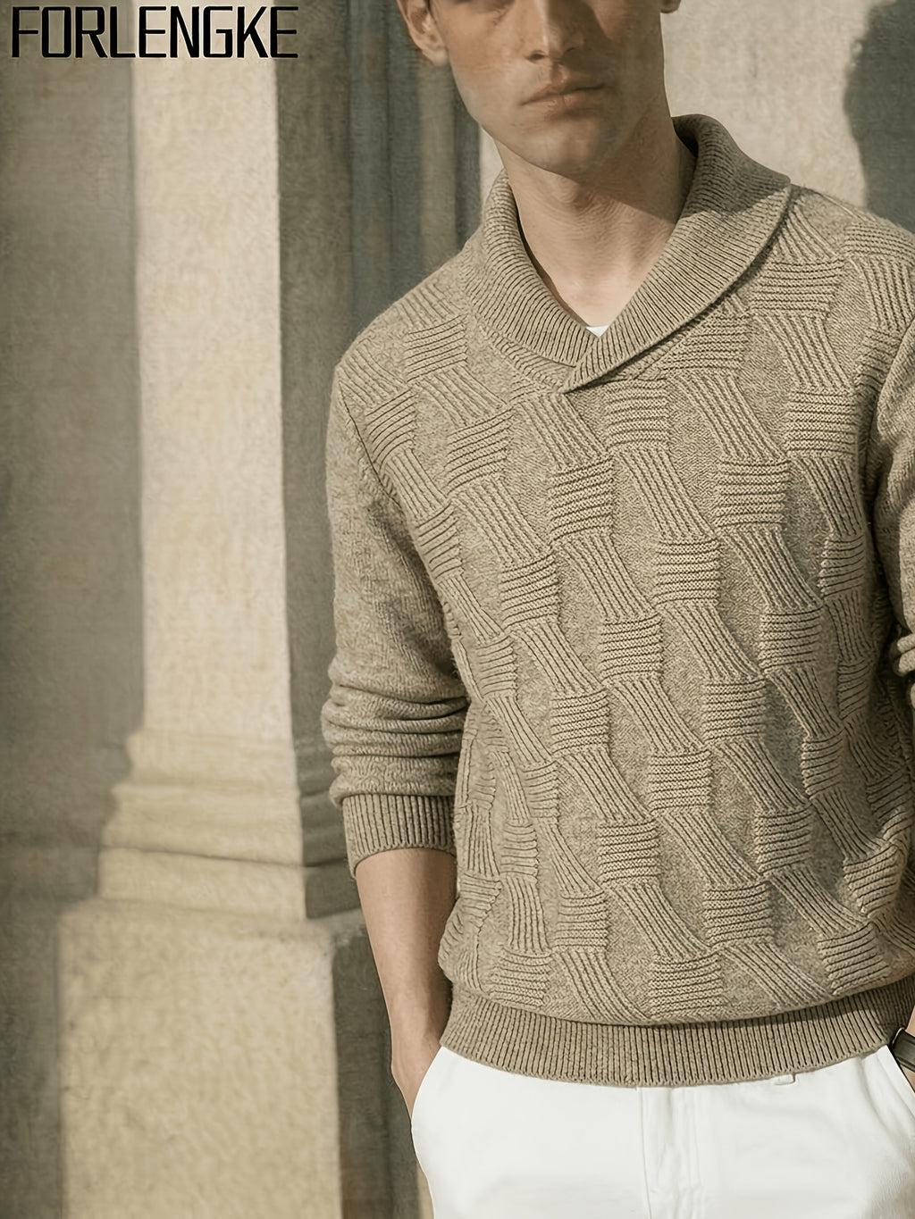 FORLENGKE Men'S Business Casual Shawl Collar Geometric Textured Knit Sweater, Soft Warm Long Sleeve Pullover for Fall Winter Office Daily Wear - Khaki