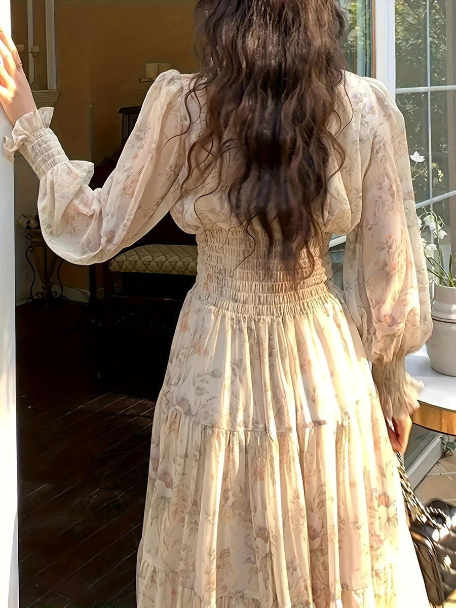 Women's French-Style Vintage Print A-Line Dress with Puff Sleeves - Lightweight Polyester Long Dress for Spring/Summer, Beach Vacation, and Casual Outings - Photo Color
