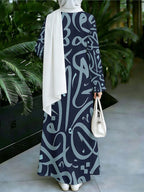 1pc 2D Flat Abstract Arabic Pattern + "Good Vibes" Slogan Muslim Long Dress Women's New Muslim Robe - Women's Loose-Fitting Long-Sleeved Printed Dress - Daily Commuting and Home Wear - Eid Festival Dress - Comfortable Abayas Robe Elegant Middle - Mixed colors
