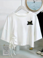 New Women'S Casual Short-Sleeve T-Shirt - Featuring a Cute Cat Head Print, Comfortable Loose Fit, Drawstring Hem Design That Reveals The Waist, Made from Soft Fabric, Machine Washable, Perfect for Spring And Summer Fashion, Suitable for Travel - White