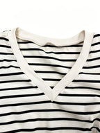 Women's Fitted V-Neck Top with Waist Pleats - Black Striped Shirt, Medium Stretch Suitable for Spring/Summer, Machine Washable Elegant Casual Wear for Office, Semi-Formal Events & Layering - Apricot