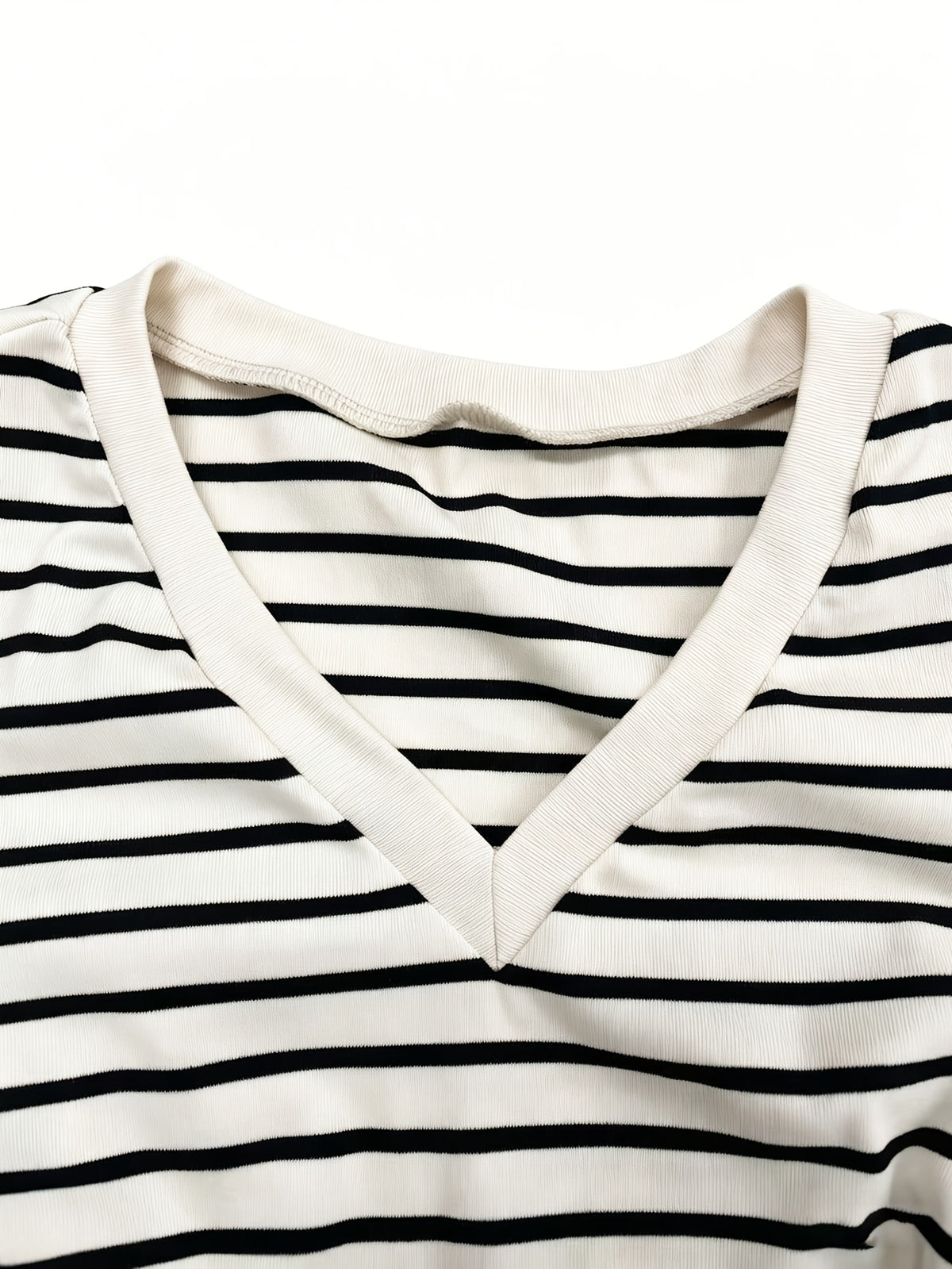 Women's Fitted V-Neck Top with Waist Pleats - Black Striped Shirt, Medium Stretch Suitable for Spring/Summer, Machine Washable Elegant Casual Wear for Office, Semi-Formal Events & Layering - Apricot