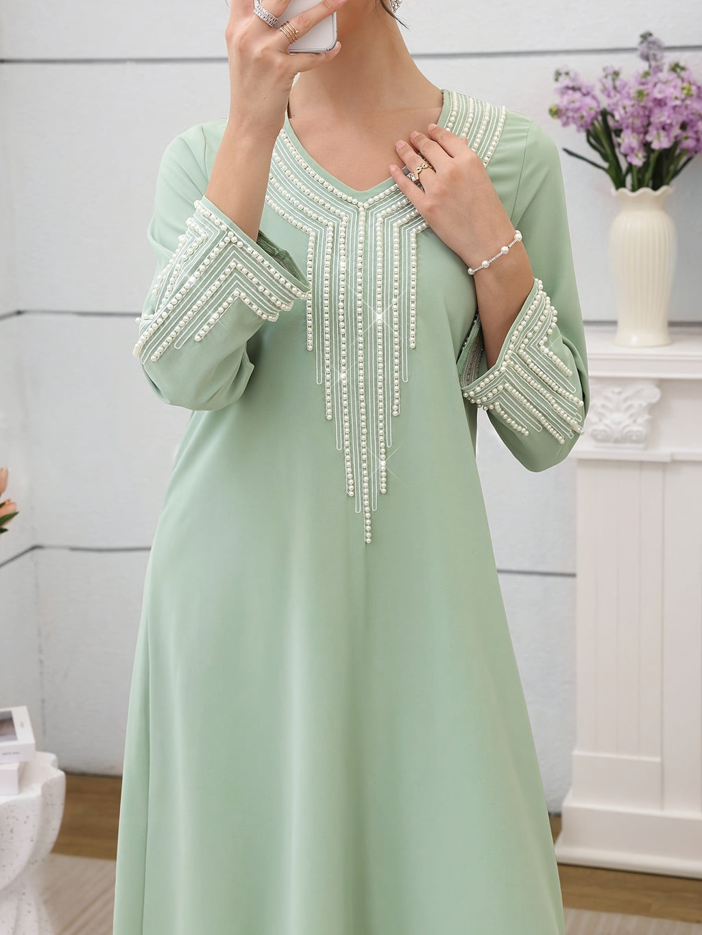 Najma Ladies' Loose Embroidered & Studded Long Robe for Festivals, Modest KaftanLadies' Loose Embroidered & Studded Long Robe for Festivals, Modest Kaftan - Green