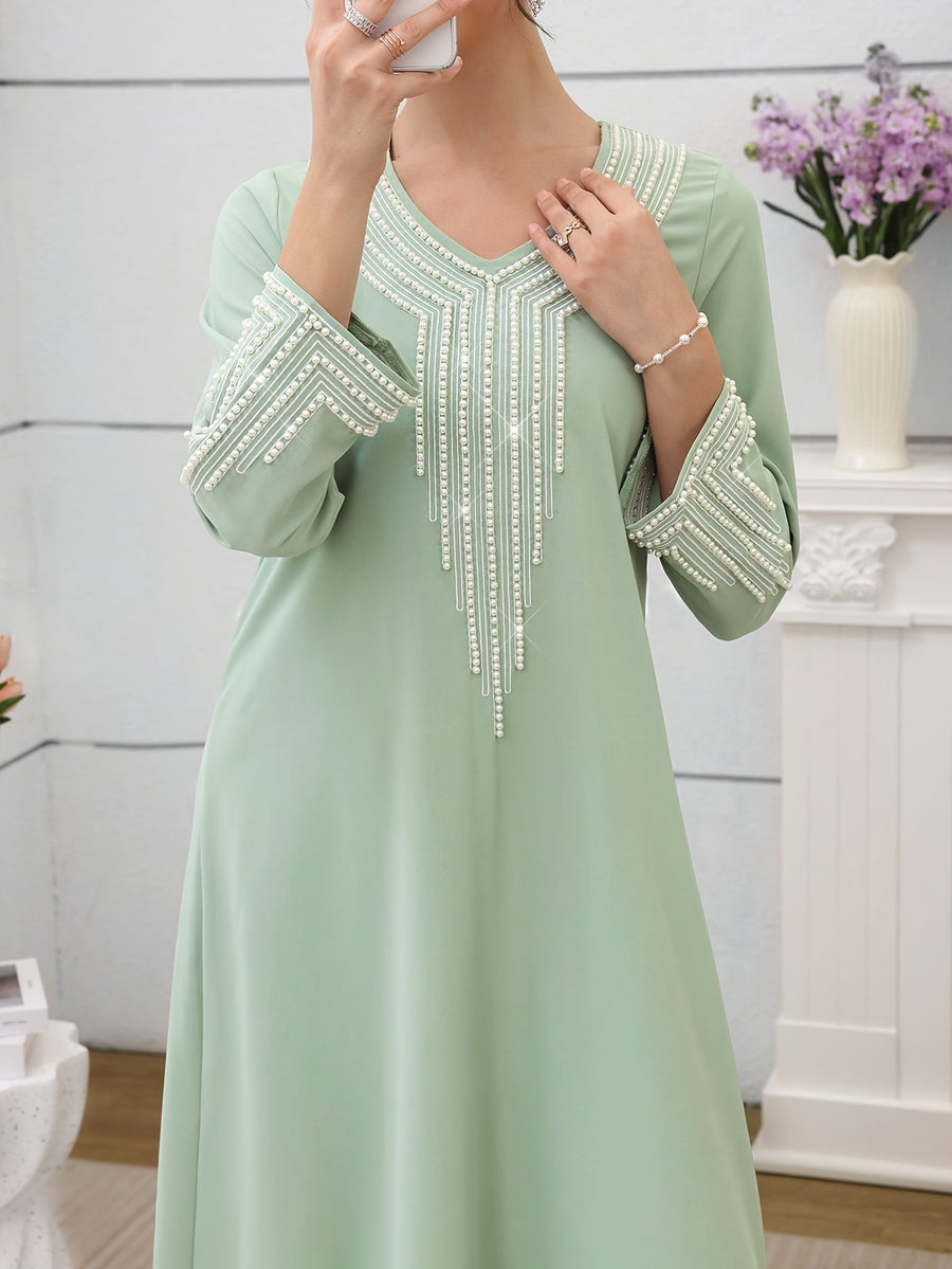 Najma Ladies' Loose Embroidered & Studded Long Robe for Festivals, Modest KaftanLadies' Loose Embroidered & Studded Long Robe for Festivals, Modest Kaftan - Green