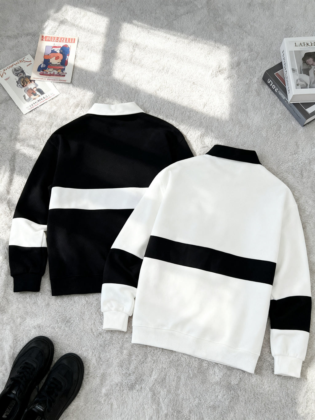 [2-Pc] Men'S Stand Collar Button-Front Polo Sweatshirt, Easy Color-Block Button Casual Pullover, Warm Daily Office Fluffy Long Sleeve Casual Polo Sweatshirt, Suitable for Fall Winter Outfit, Fleece-Lined Thickened, Ideal Gift for Friends, Husband - Black And White