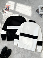 [2-Pc] Men'S Stand Collar Button-Front Polo Sweatshirt, Easy Color-Block Button Casual Pullover, Warm Daily Office Fluffy Long Sleeve Casual Polo Sweatshirt, Suitable for Fall Winter Outfit, Fleece-Lined Thickened, Ideal Gift for Friends, Husband - Black And White