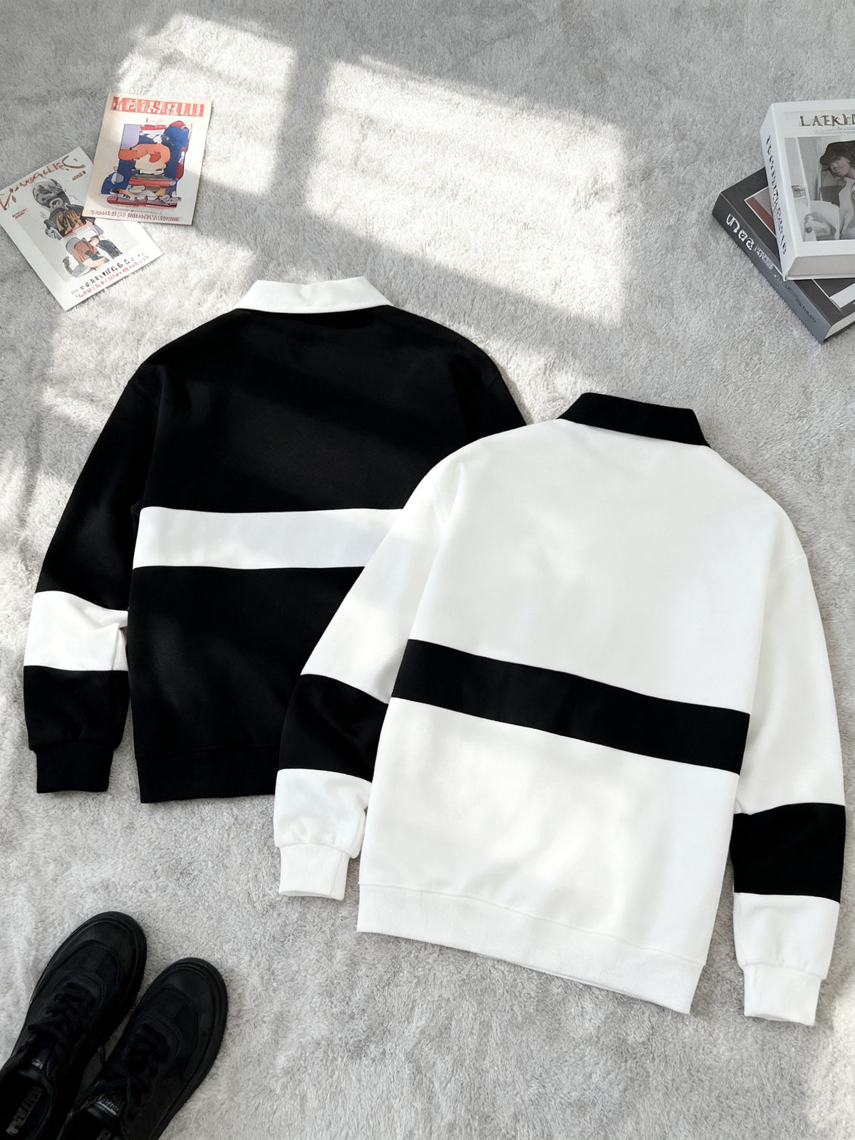 [2-Pc] Men'S Stand Collar Button-Front Polo Sweatshirt, Easy Color-Block Button Casual Pullover, Warm Daily Office Fluffy Long Sleeve Casual Polo Sweatshirt, Suitable for Fall Winter Outfit, Fleece-Lined Thickened, Ideal Gift for Friends, Husband - Black And White