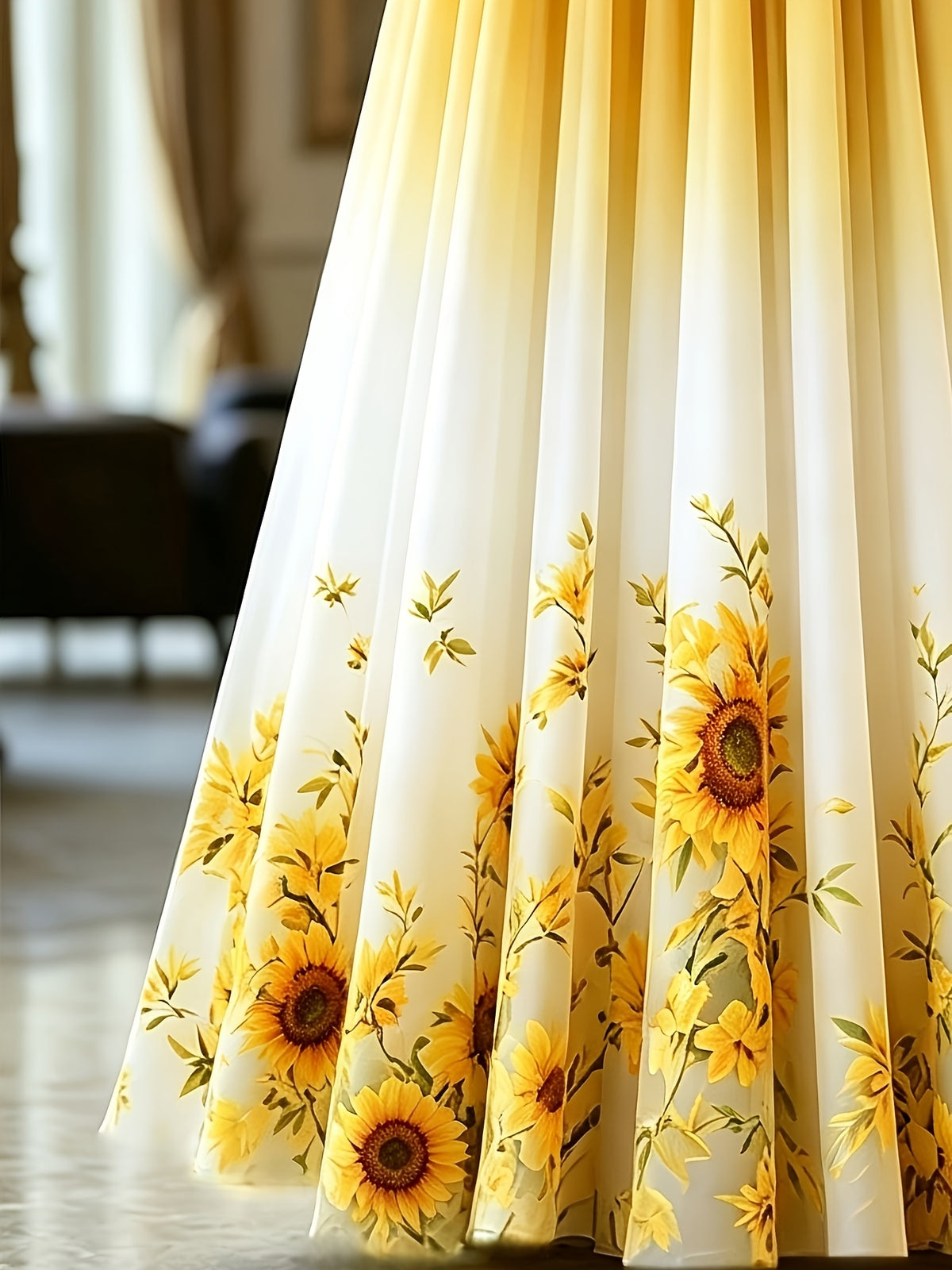Women'S Printed Mid-Length A-Line Skirt with Layered Tulle Skirt, Suitable for Formal And Semi-Formal Evening Banquets, Wedding Guest Party Dresses, Wearable in All Seasons - Yellow