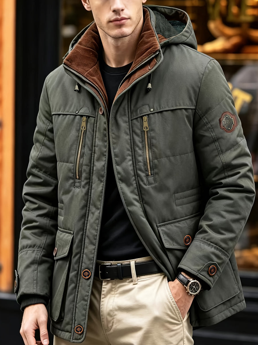 Cargo Jacket, Removable Hood Corduroy Lining Multi-Zipper Pockets, Warm Casual Top Jacket, Western Trendy Outerwear. Men'S Fashion Winter Mid-Length Fleece-Lined Thick Jacket, Men'S Work Practical Jacket - Green