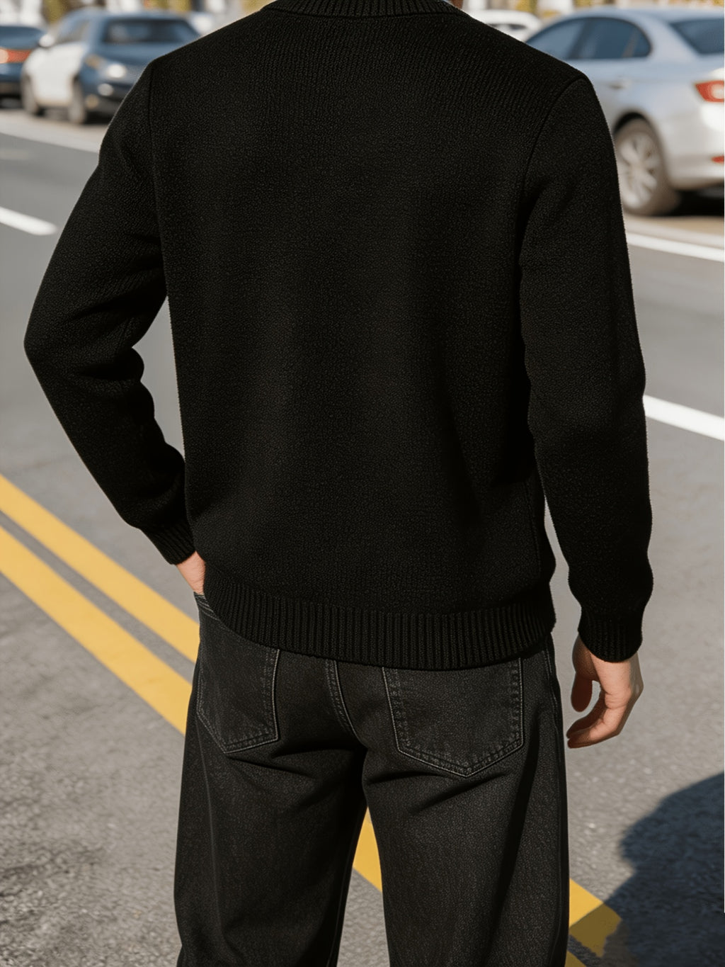 Men'S Thickened Button-Up Knit Sweater Off-Shoulder Sleeve Solid Color Pullover Top, Light Mature Casual Style, Winter Daily Commute Inner Outerwear Sweater - Black