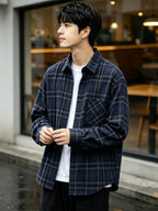 Men'S Spring Fall Layering Plaid Shirt, Poly Navy Loose Collared Commute Casual Long Sleeve Top - Purplish Blue